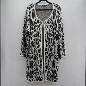 Doe & Rae Animal‎ Print Cardigan Sweater Womens 1X Cream Black Long Length